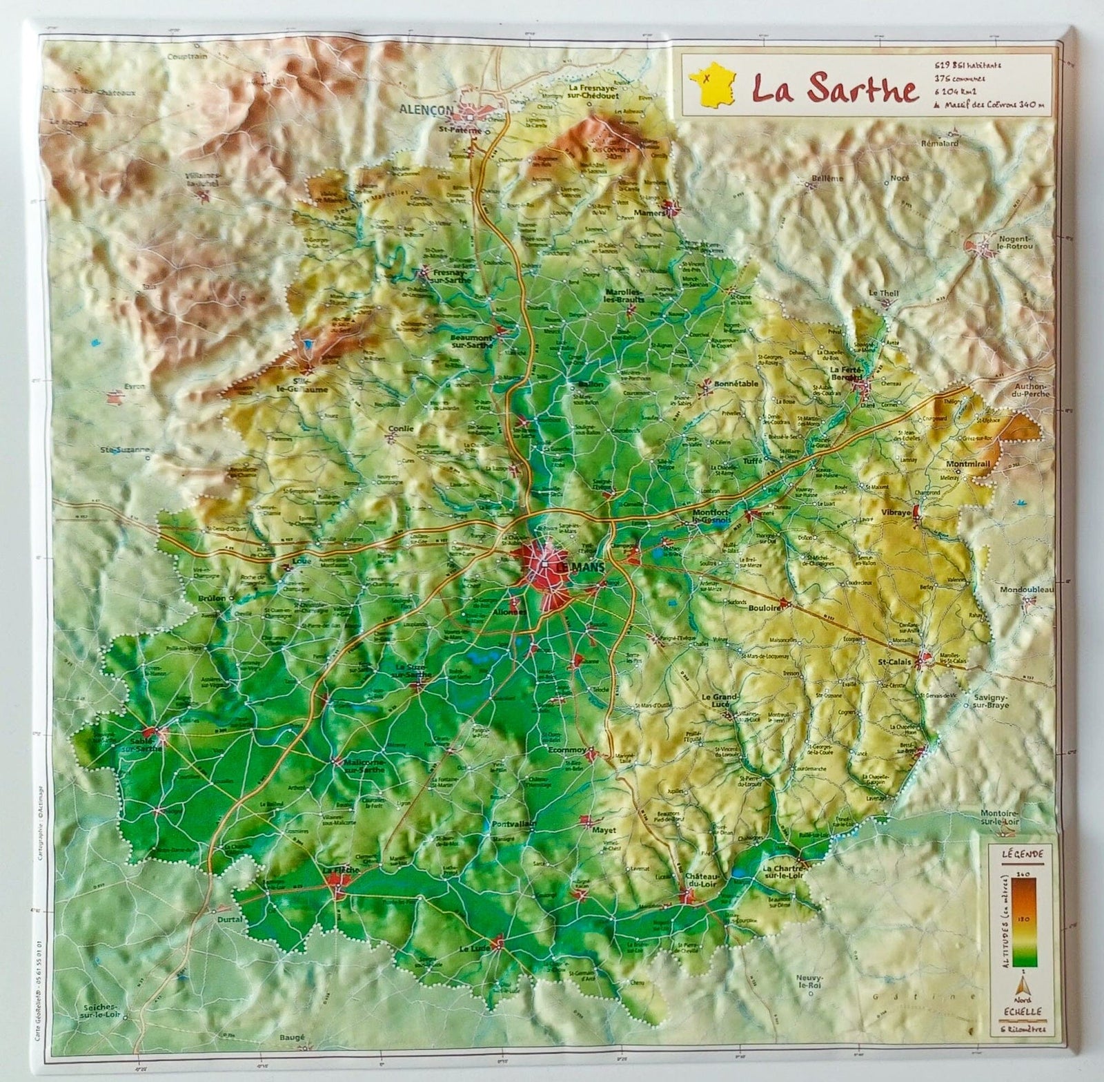 Carte en relief - Sarthe - 31 X 31 cm | Relief Editions carte en relief Reliefs Editions