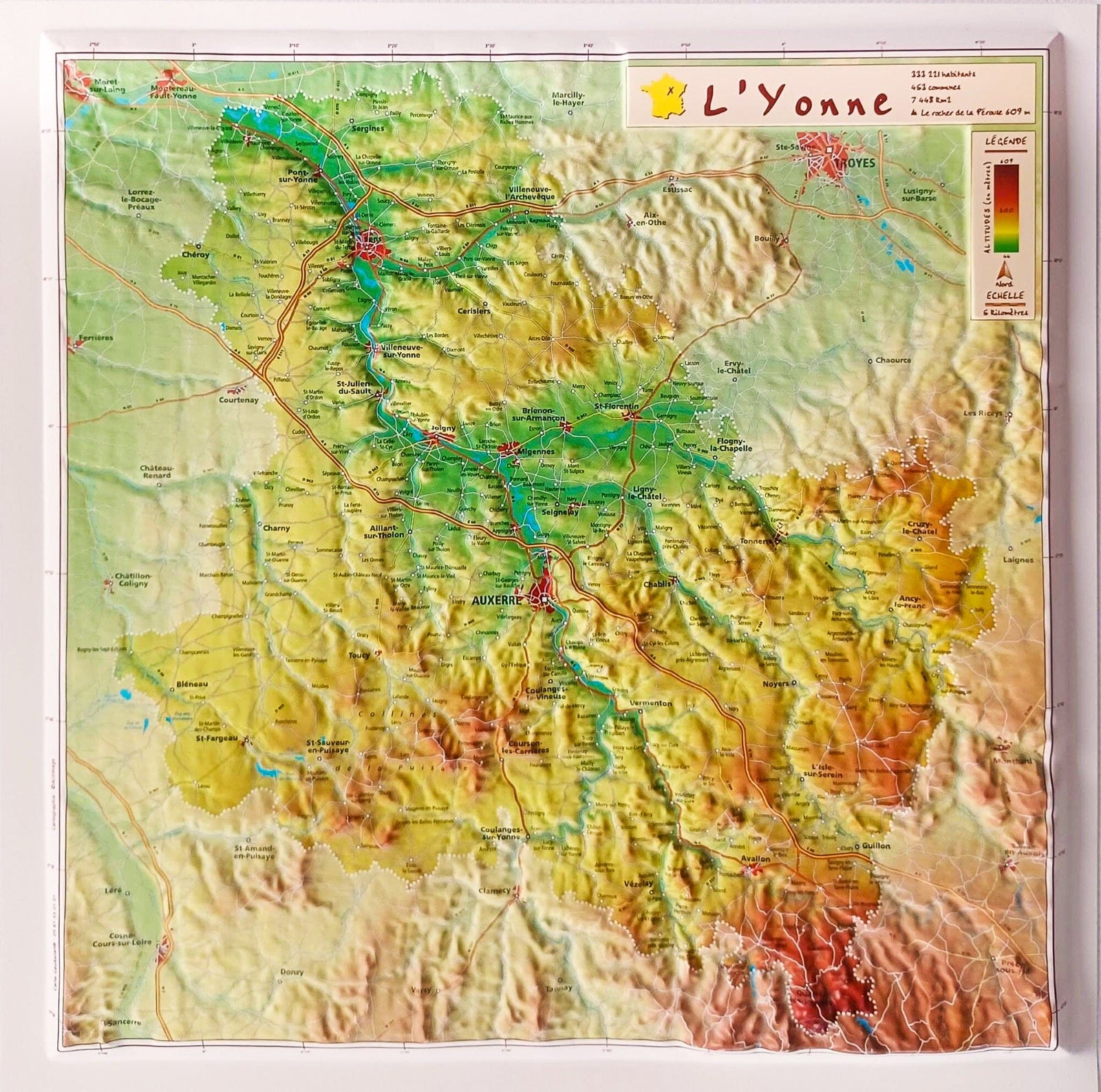 Carte en relief - Yonne - 31 x 31 cm | Relief Editions carte en relief Reliefs Editions