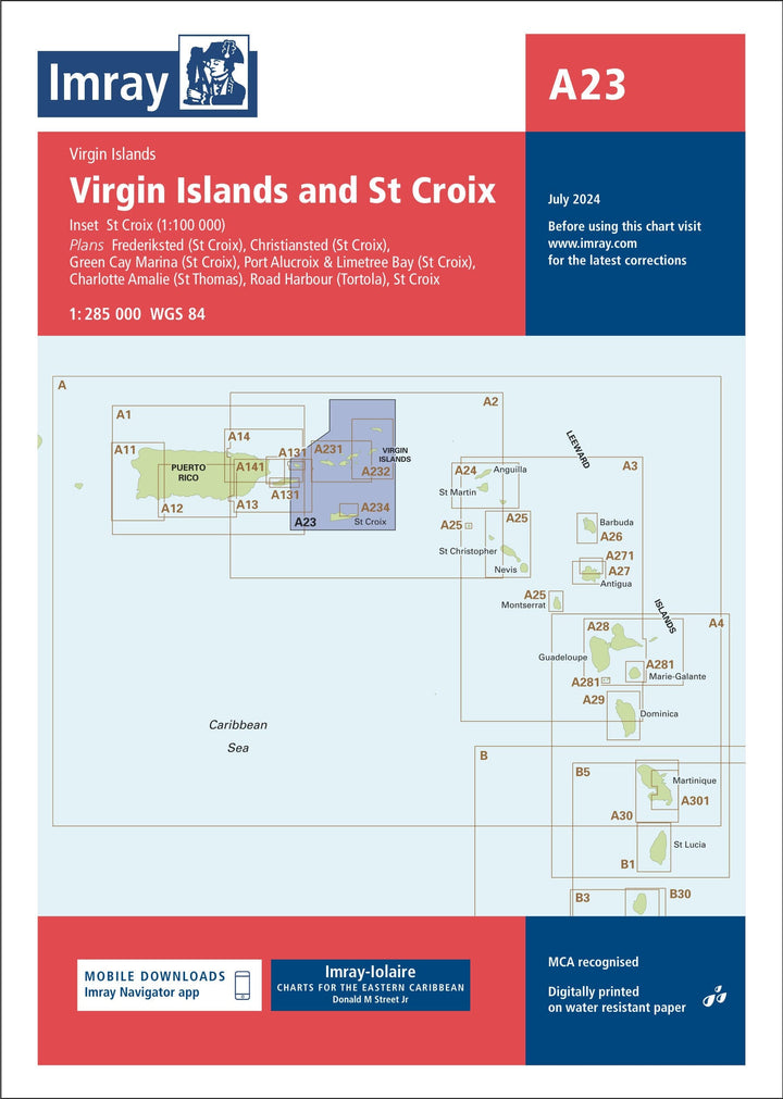 Carte marine A23 - Îles Vierges et Sainte-Croix | Imray - 1:285 000 carte marine Imray