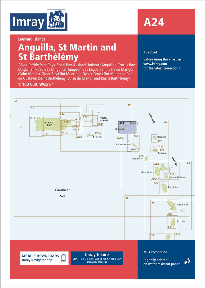 Carte marine A24 - Anguilla, Saint-Martin et Saint-Barthélemy | Imray - 1:100 000 carte marine Imray