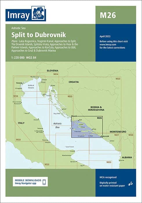 Carte marine Adriatique Imray M26 - De Split à Dubrovnik (1:220 000) carte marine Imray 