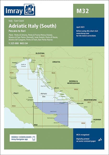 Carte marine Adriatique sud Imray M32 - Côte est Italie (1:325 000) carte marine Imray 