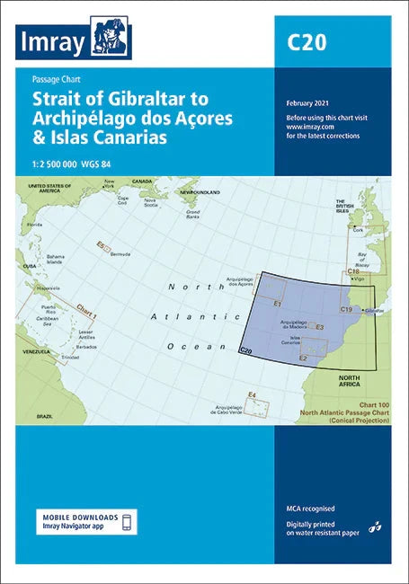Carte marine C20 - Strait of Gibraltar, Azores and Canary Islands 1/2.5M | Imray carte marine Imray Default Title