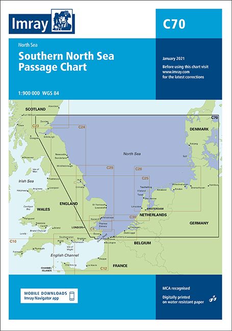 Carte marine C70 - Sud de la mer du Nord, carte de passage | Imray - 1:900 000 carte marine Imray