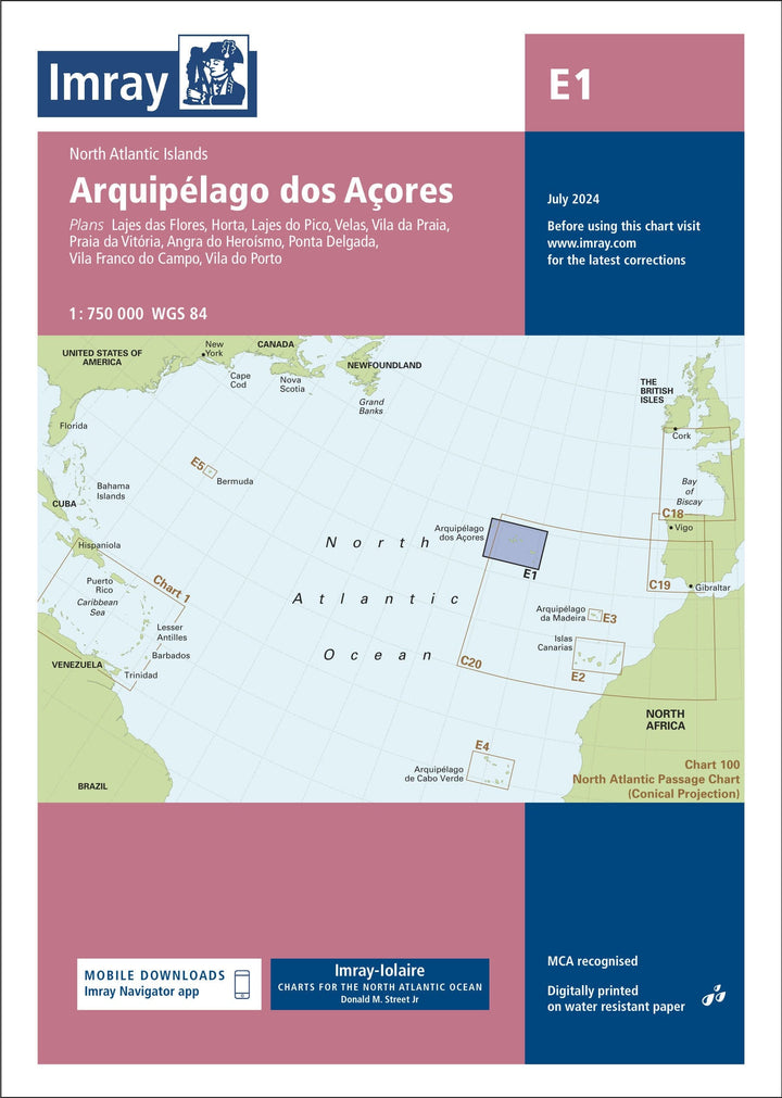 Carte marine E1 - Archipel des Açores | Imray - 1:750 000 carte marine Imray
