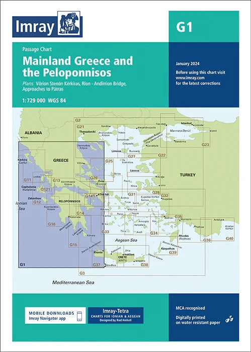 Carte marine G1 - Grèce continentale et Péloponnèse 1:729 000 | Imray carte marine Imray 