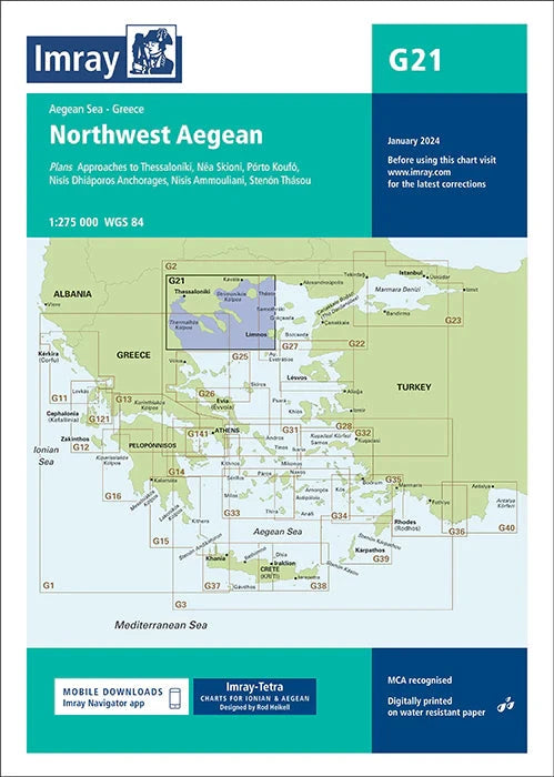 Carte marine G21 - Nord-ouest de la mer Égée 1/275 | Imray carte marine Imray 