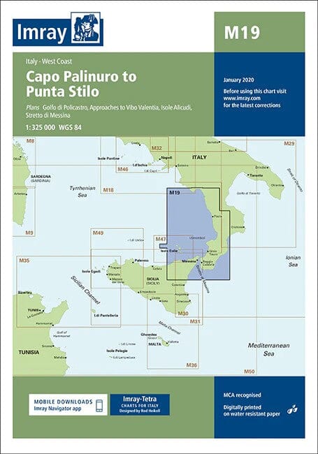 Carte marine Italie Imray M19 - Capo Palinuro à Punta Stilo (1:325 000) carte marine Imray 