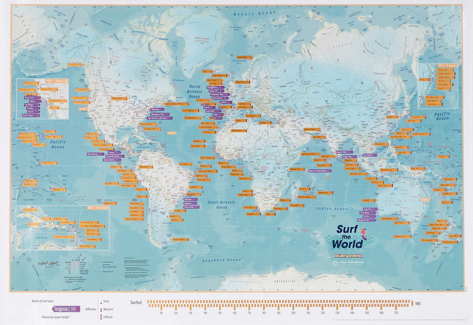 Carte murale à gratter (en anglais) - Surf the World (60 x 42 cm) | Maps International carte murale roulée (en tube) Maps International