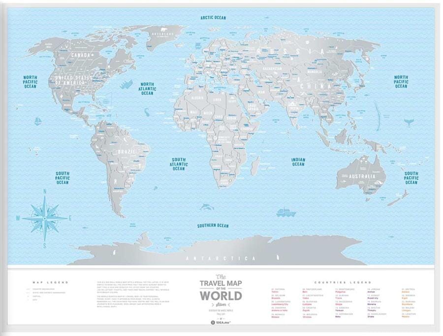 Carte murale à gratter (en anglais) - Travel map of the World, édition Silver - 80 x 60 cm | 1DEA.me carte murale roulée (en tube) 1DEA.ME