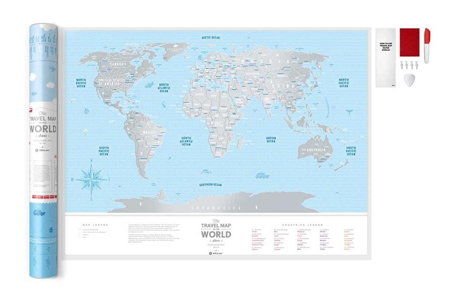 Carte murale à gratter (en anglais) - Travel map of the World, édition Silver - 80 x 60 cm | 1DEA.me carte murale roulée (en tube) 1DEA.ME