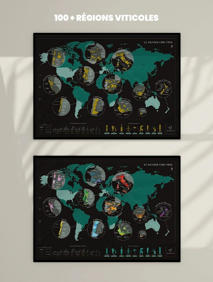 Carte murale à gratter - Le monde des vins (70 x 50 cm ) | 1020 Dégustations carte murale roulée (en tube) 1020 Dégustations