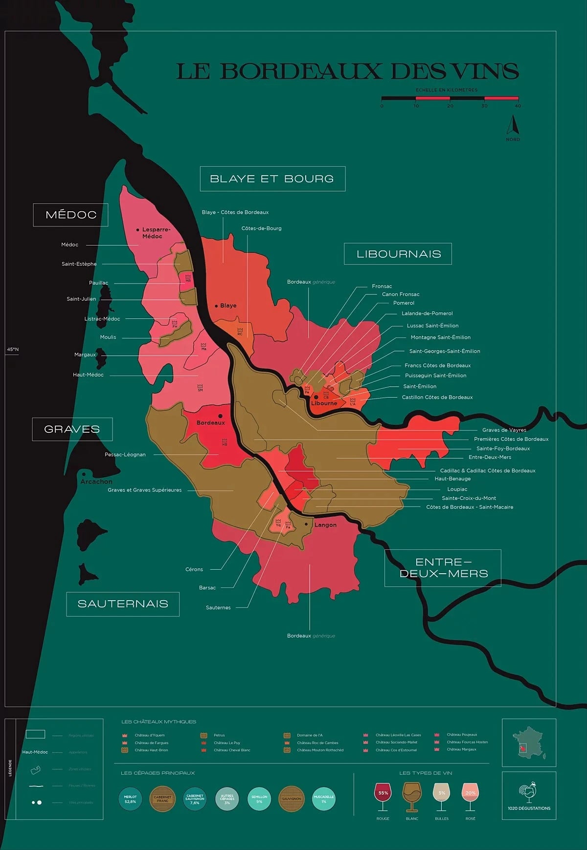 Carte murale à gratter - Les vins de Bordeaux (50 x 70 cm ) | 1020 Dégustations carte murale roulée (en tube) 1020 Dégustations