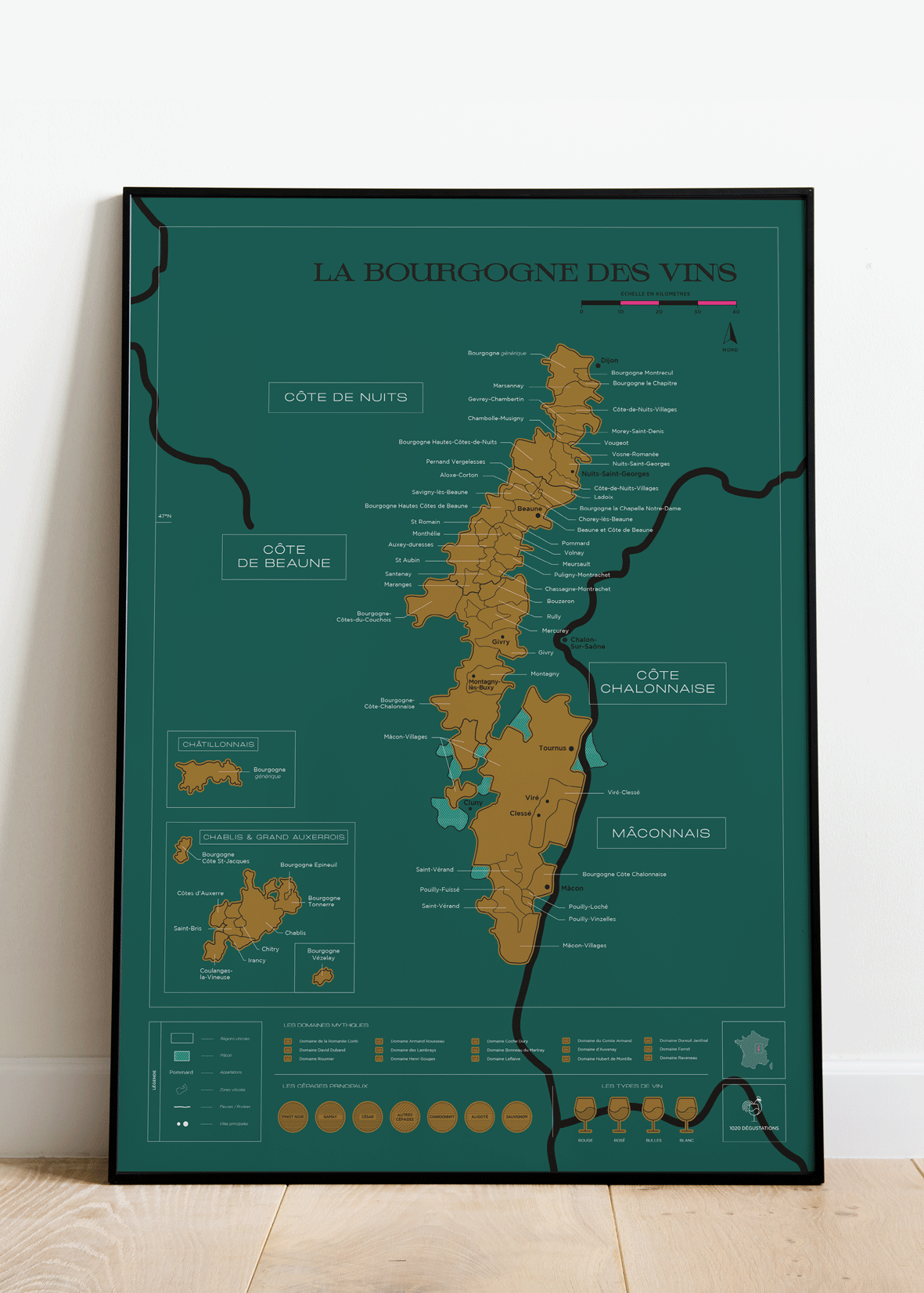 Carte murale à gratter - Les vins de Bourgogne (50 x 70 cm ) | 1020 Dégustations carte murale roulée (en tube) 1020 Dégustations