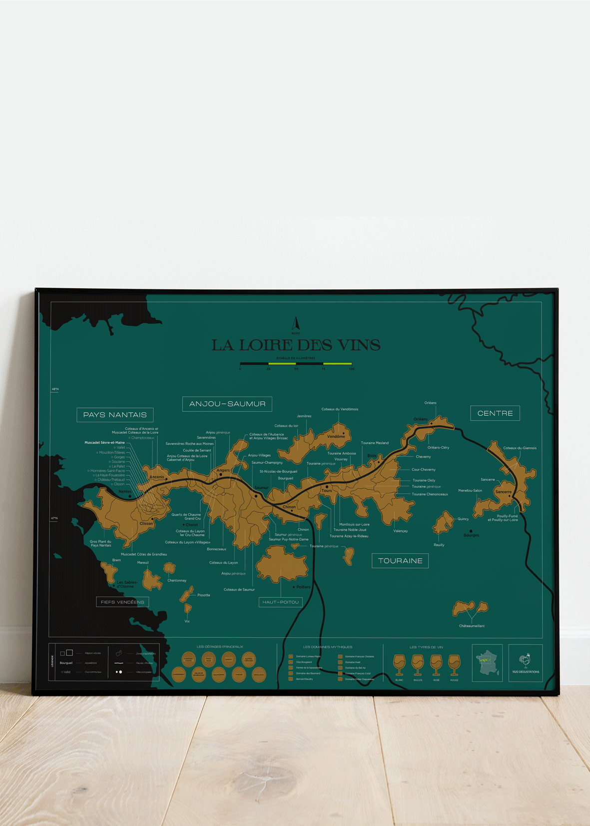 Carte murale à gratter - Les vins de la Loire (70 x 50 cm ) | 1020 Dégustations carte murale roulée (en tube) 1020 Dégustations