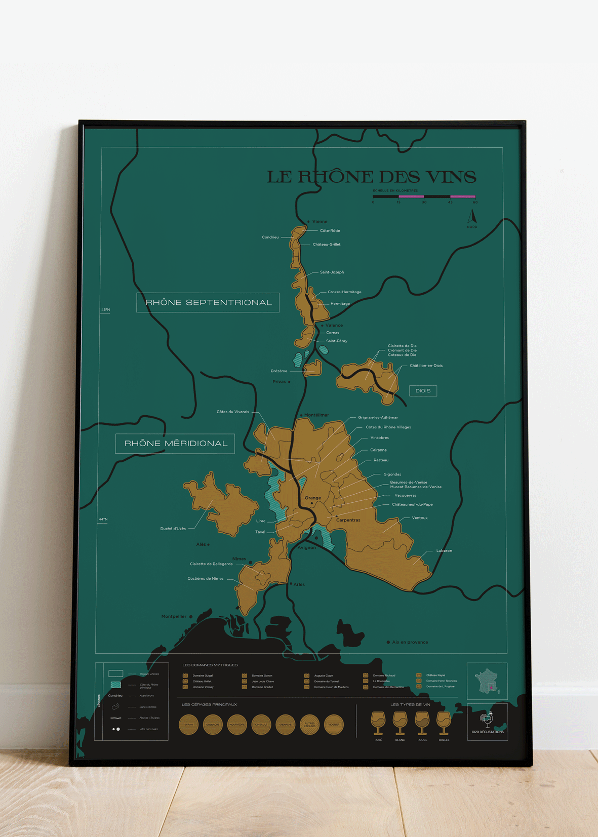 Carte murale à gratter - Les vins de la vallée du Rhône (50 x 70 cm ) | 1020 Dégustations carte murale roulée (en tube) 1020 Dégustations
