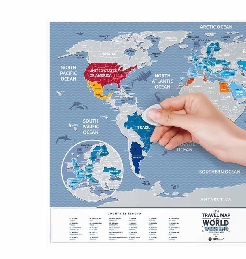Carte murale à gratter petit format (en anglais) - The travel map of the World, édition Week-end - 60 x 40 cm | 1DEA.me carte murale roulée (en tube) 1DEA.ME