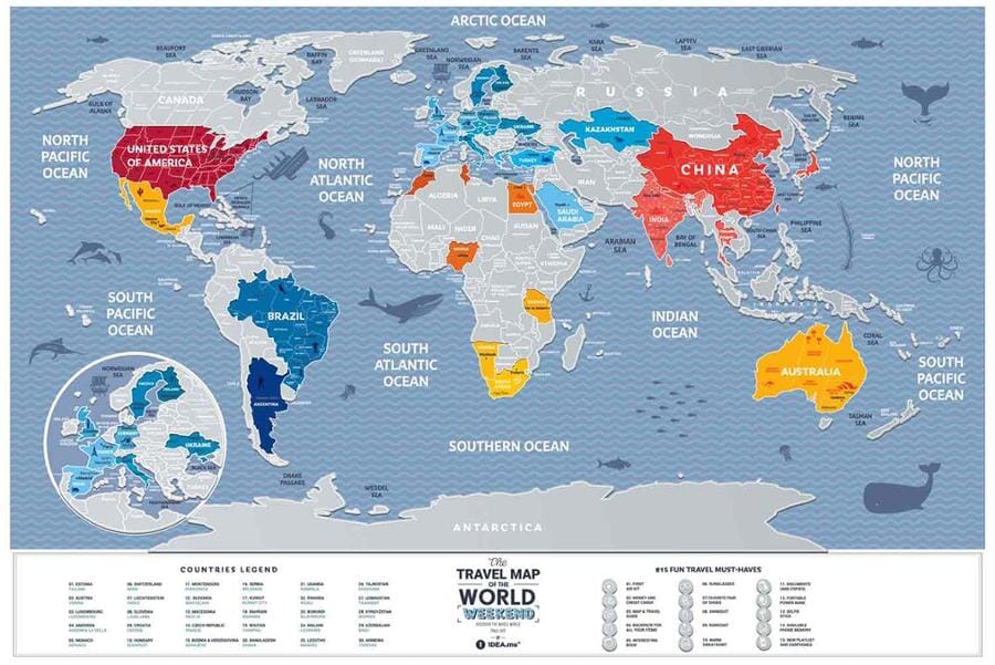 Carte murale à gratter petit format (en anglais) - The travel map of the World, édition Week-end - 60 x 40 cm | 1DEA.me carte murale roulée (en tube) 1DEA.ME