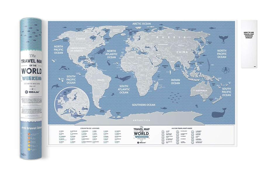 Carte murale à gratter petit format (en anglais) - The travel map of the World, édition Week-end - 60 x 40 cm | 1DEA.me carte murale roulée (en tube) 1DEA.ME