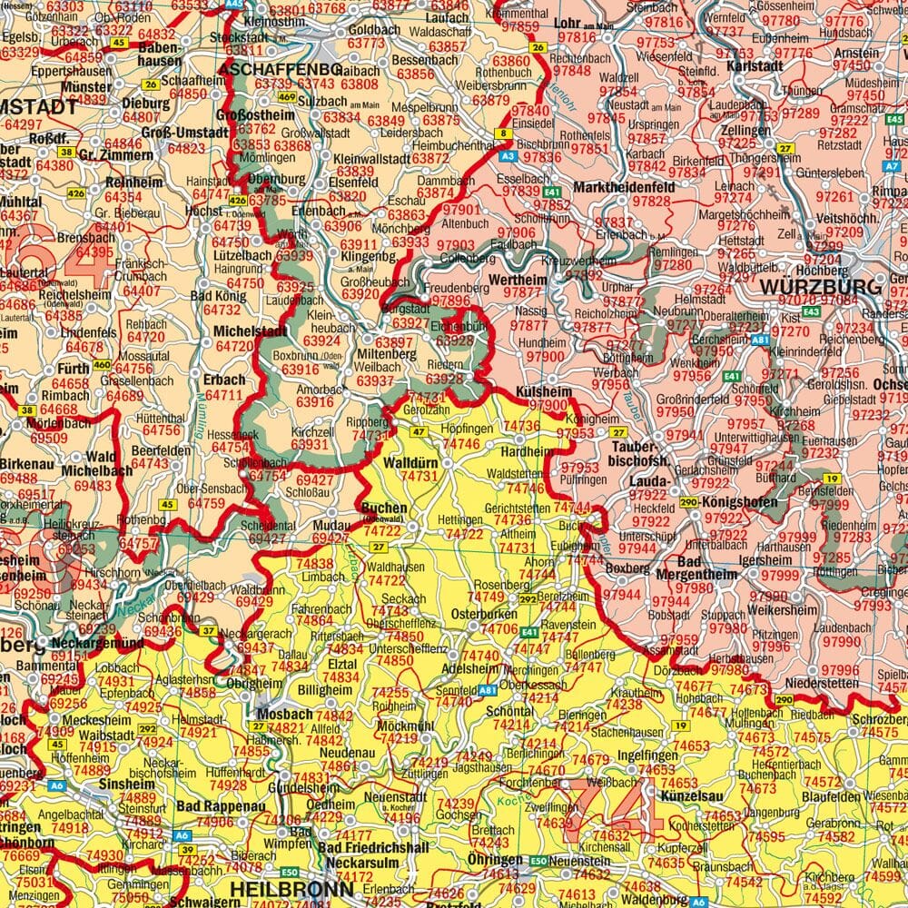 Carte murale - Allemagne (zones postales) - 127 x 94 cm | Freytag & Berndt carte murale roulée (en tube) Freytag & Berndt