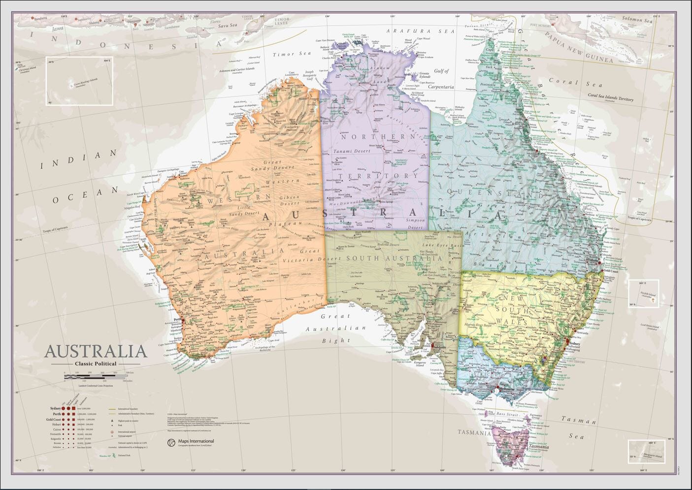 Carte murale - Australie (en anglais), style classique - 60 x 42 cm | Maps International carte murale roulée (en tube) Maps International