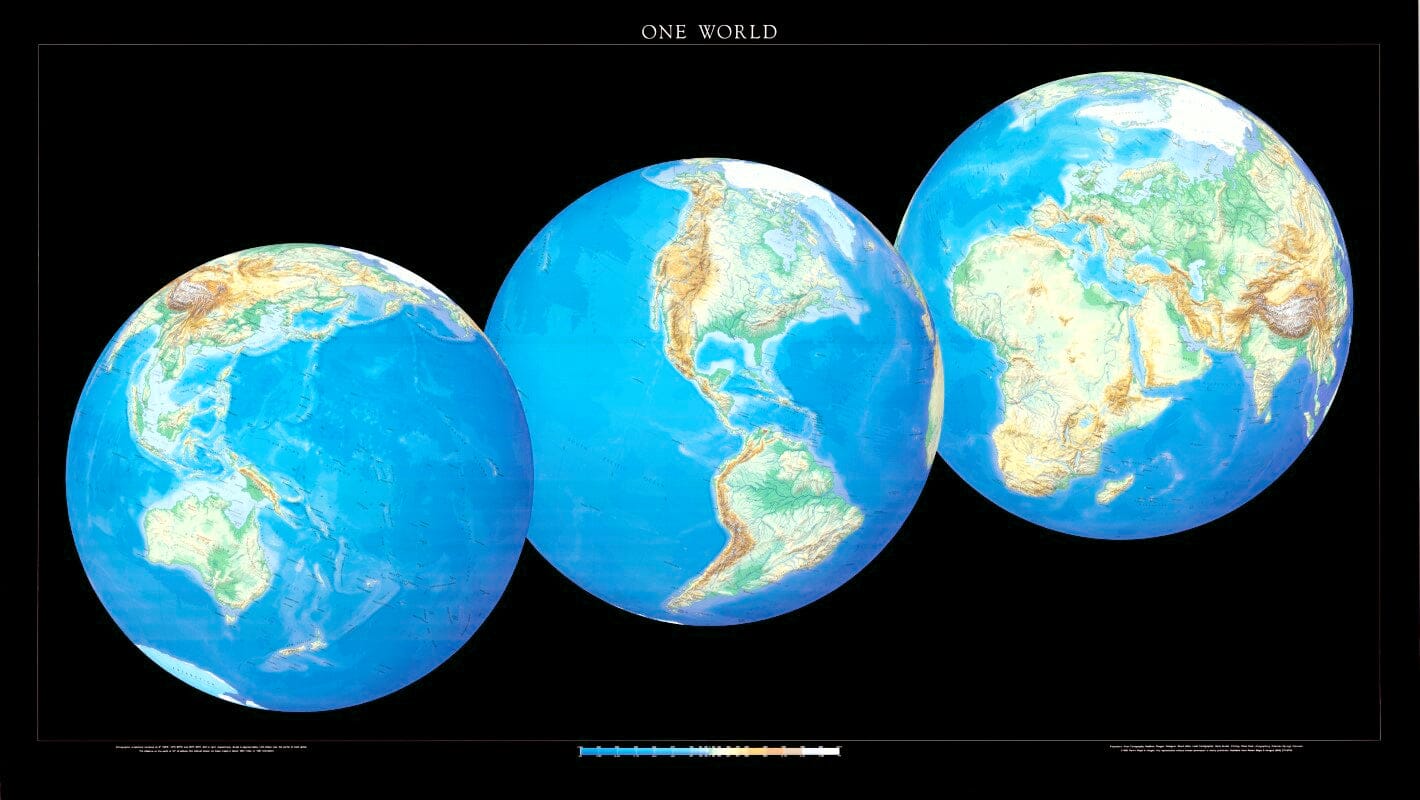Carte murale du monde - 3 vues globales carte murale roulée (en tube) Raven Maps Plastifiée