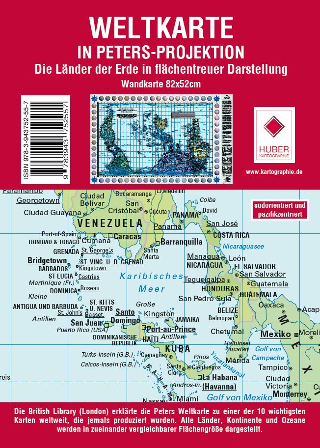 Carte murale (en allemand) - Le Monde politique, centré sur le Pacifique, upside down - Projection de Gall-Peters (82 x 52 cm) | Huber carte murale roulée (en tube) Huber