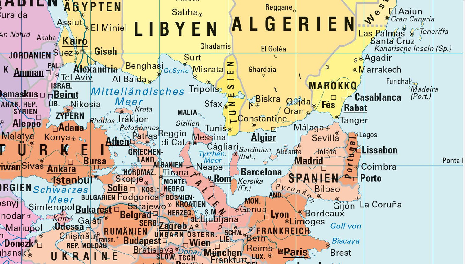Carte murale (en allemand) - Le Monde politique, centré sur le Pacifique, upside down - Projection de Gall-Peters (82 x 52 cm) | Huber carte murale roulée (en tube) Huber