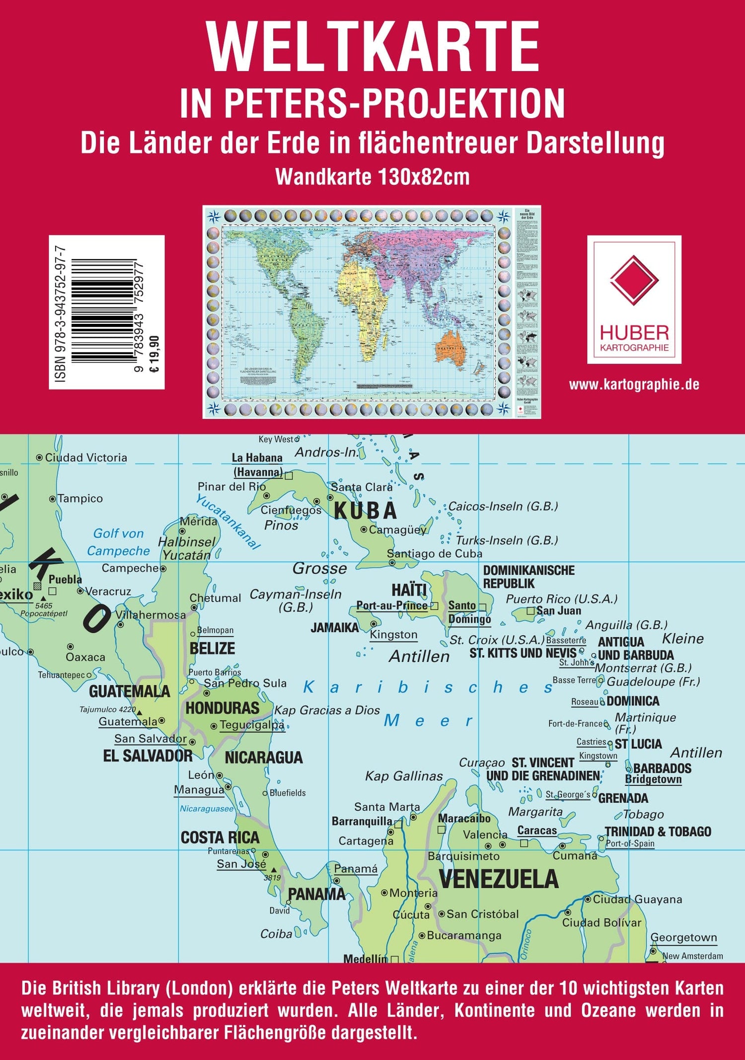 Carte murale (en allemand) - Le Monde politique, Projection de Gall-Peters (130 x 82 cm) | Huber carte murale roulée (en tube) Huber