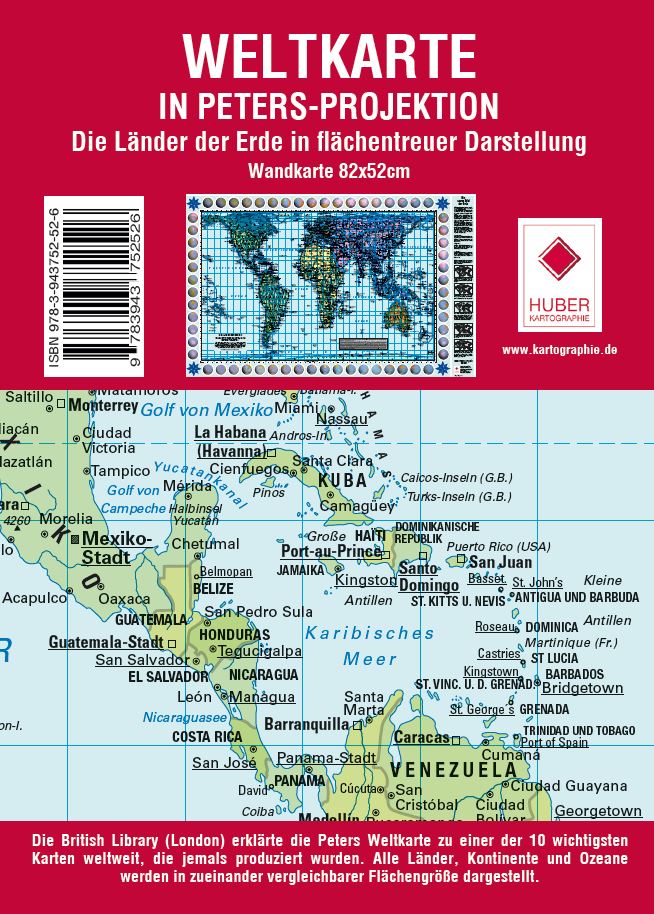 Carte murale (en allemand) - Le Monde politique, Projection de Gall-Peters (82 x 52 cm) | Huber carte murale roulée (en tube) Huber