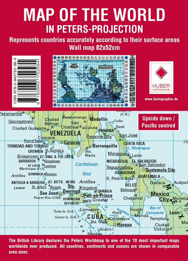 Carte murale (en anglais) - Le Monde politique, centré sur le Pacifique, upside down - Projection de Gall-Peters (82 x 52 cm) | Huber carte murale roulée (en tube) Huber