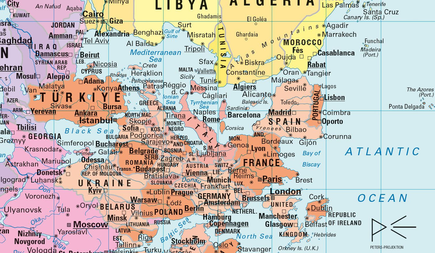 Carte murale (en anglais) - Le Monde politique, centré sur le Pacifique, upside down - Projection de Gall-Peters (82 x 52 cm) | Huber carte murale roulée (en tube) Huber