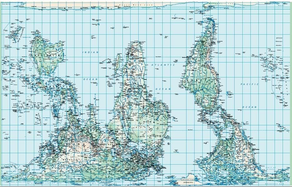 Carte murale (en anglais) - Le Monde politique (Pacifique centré, upside down) - 100 x 70 cm | Huber carte murale roulée (en tube) Huber 
