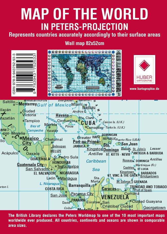 Carte murale (en anglais) - Le Monde politique, Projection de Gall-Peters (82 x 52 cm) | Huber carte murale roulée (en tube) Huber