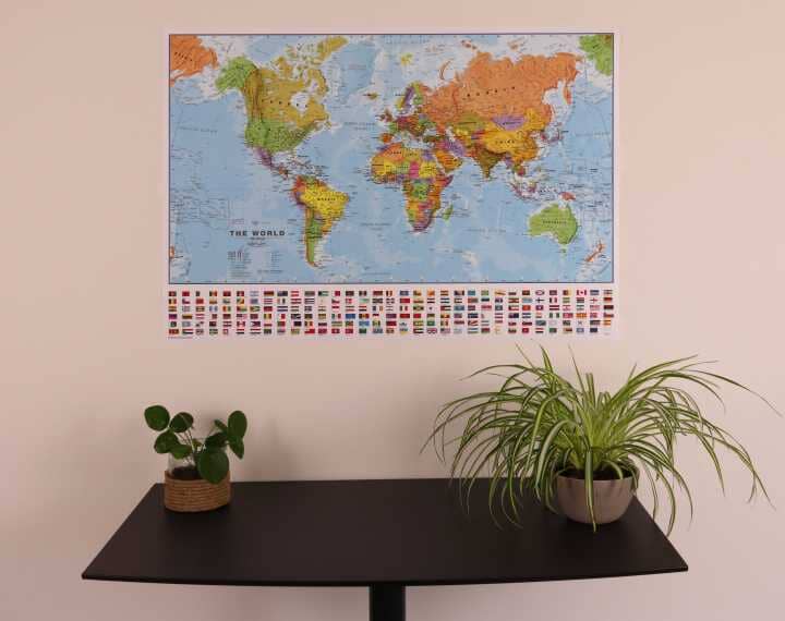 Carte murale (en anglais) - Monde politique, avec bande de drapeaux - 1/40M - 103 x 74 cm | Maps International carte murale roulée (en tube) Maps International
