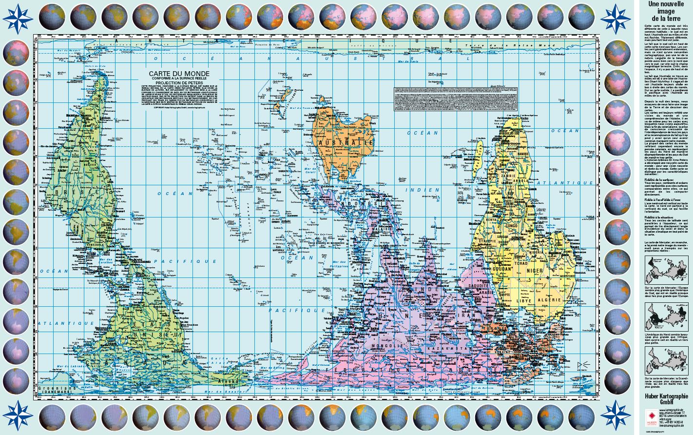 Carte murale (en français) - Le Monde politique, centré sur le Pacifique, upside down - Projection de Gall-Peters (82 x 52 cm) | Huber carte murale roulée (en tube) Huber