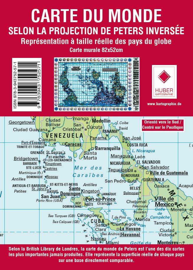 Carte murale (en français) - Le Monde politique, centré sur le Pacifique, upside down - Projection de Gall-Peters (82 x 52 cm) | Huber carte murale roulée (en tube) Huber