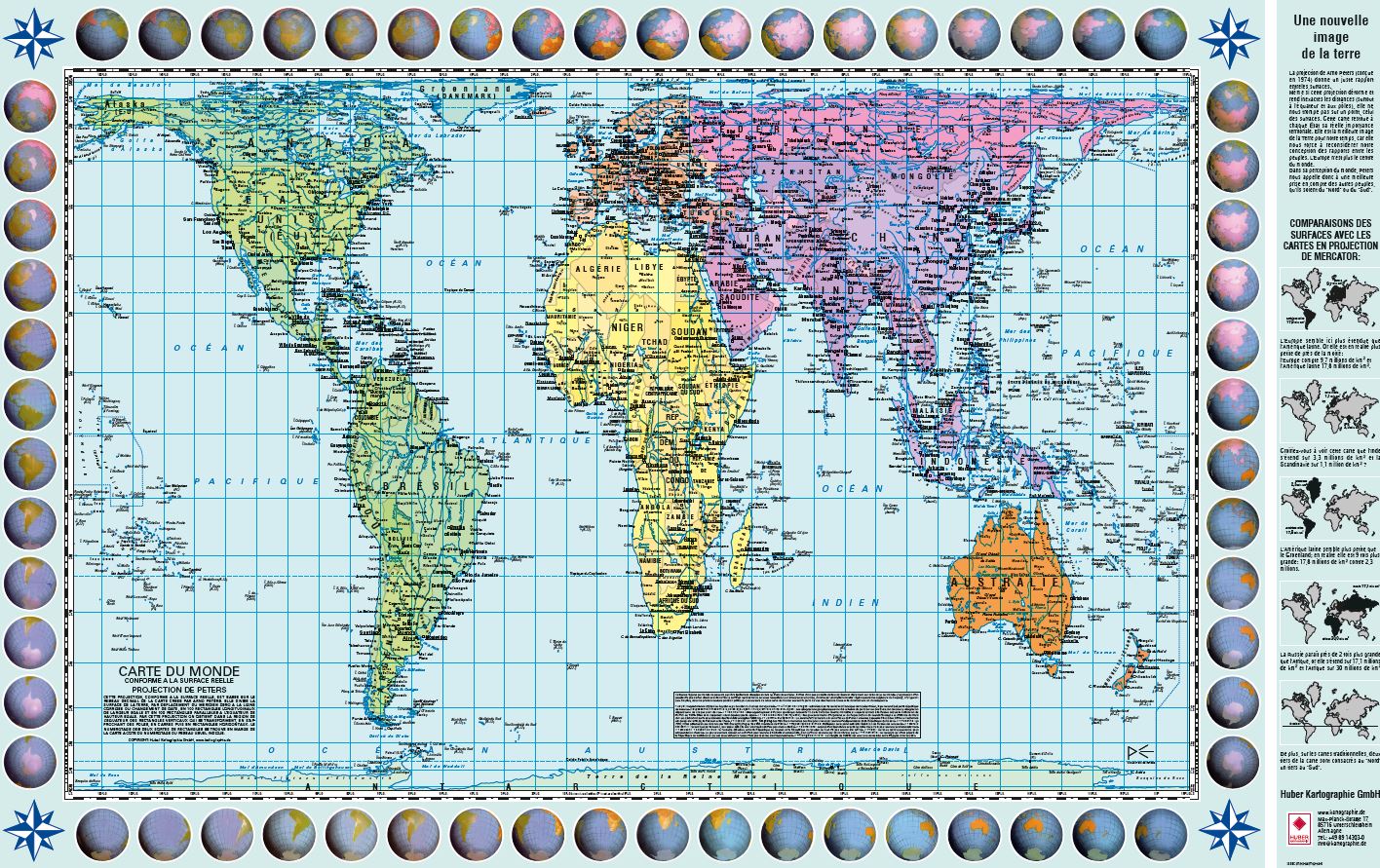 Carte murale (en français) - Le Monde politique, Projection de Gall-Peters (82 x 52 cm) | Huber carte murale roulée (en tube) Huber