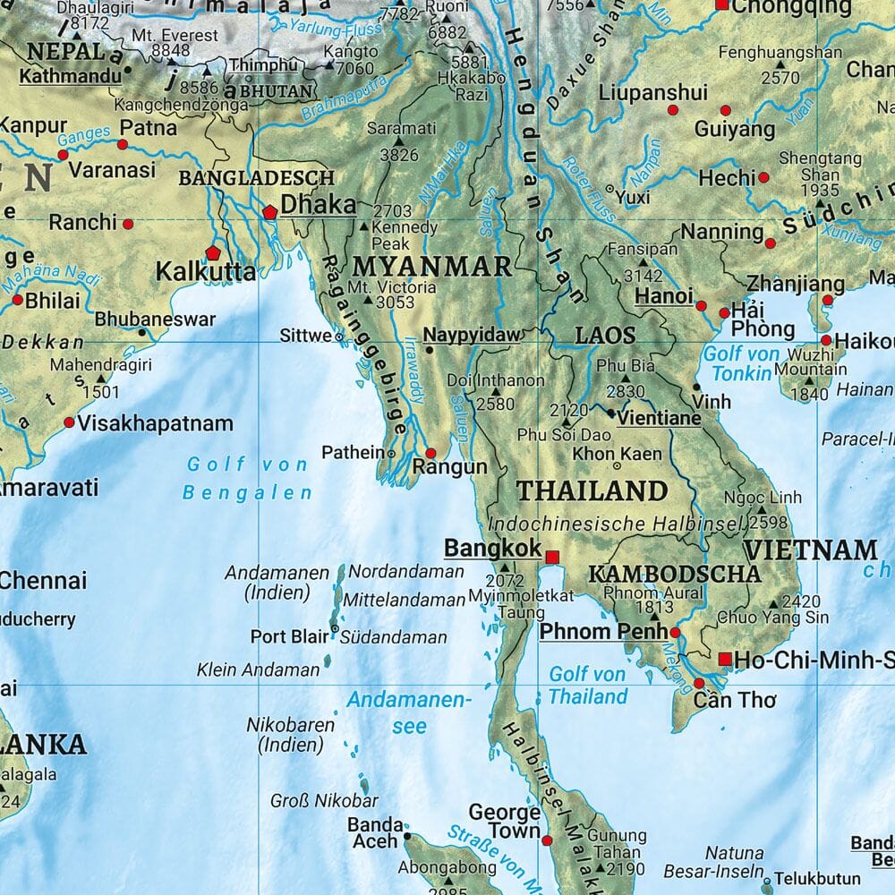 Carte murale en papier (en allemand) - Monde Physique - 1/15M (184 x 127 cm) | Freytag & Berndt carte murale roulée (en tube) Freytag & Berndt