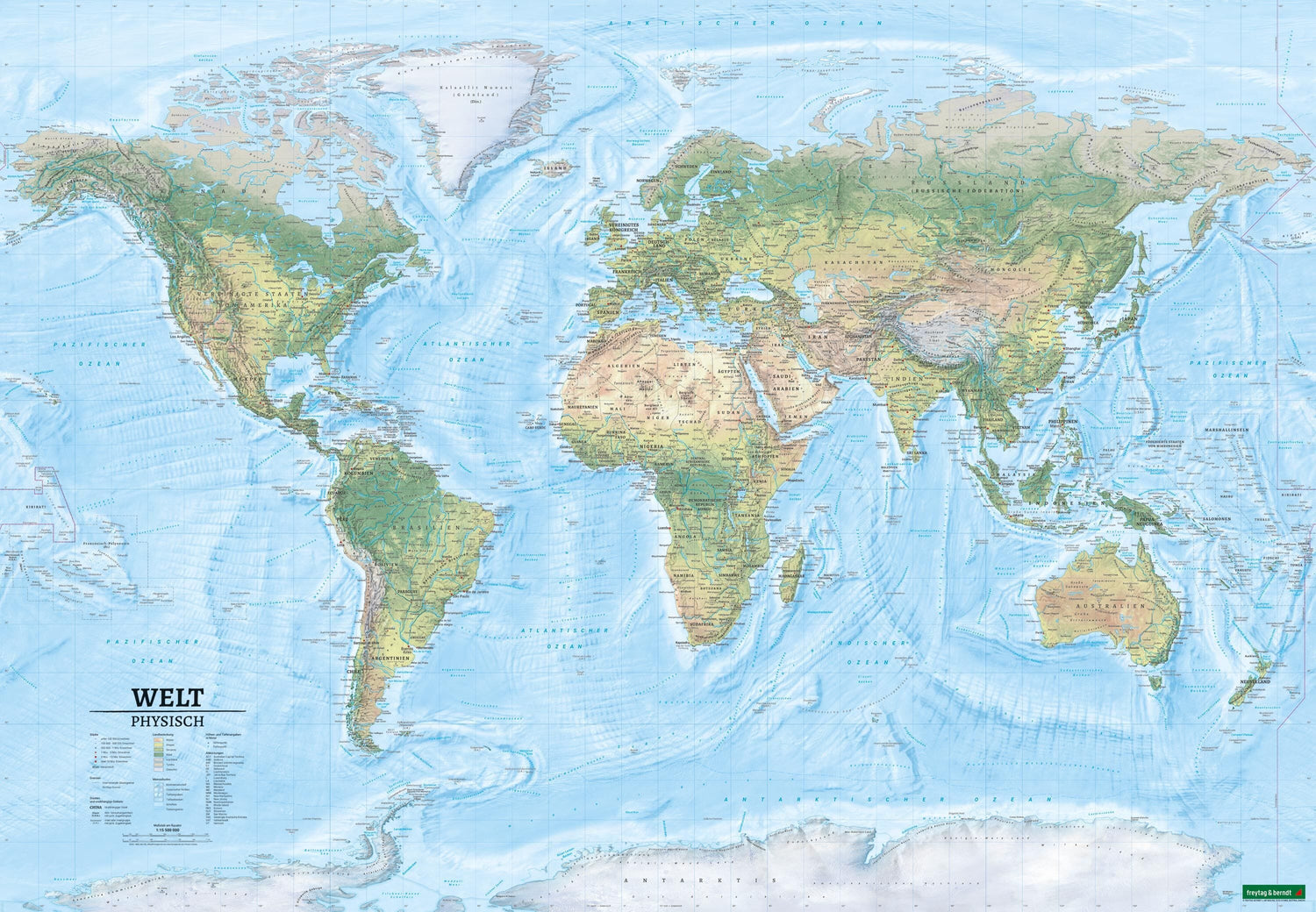 Carte murale en papier (en allemand) - Monde Physique - 1/15M (184 x 127 cm) | Freytag & Berndt carte murale roulée (en tube) Freytag & Berndt