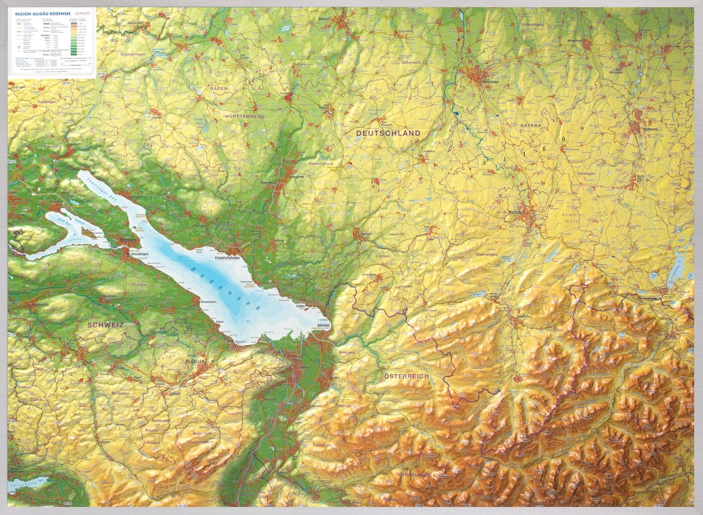 Carte murale en relief - Allgäu, Lake Constance - 77 x 57 cm | Georelief carte en relief Georelief Sans cadre 
