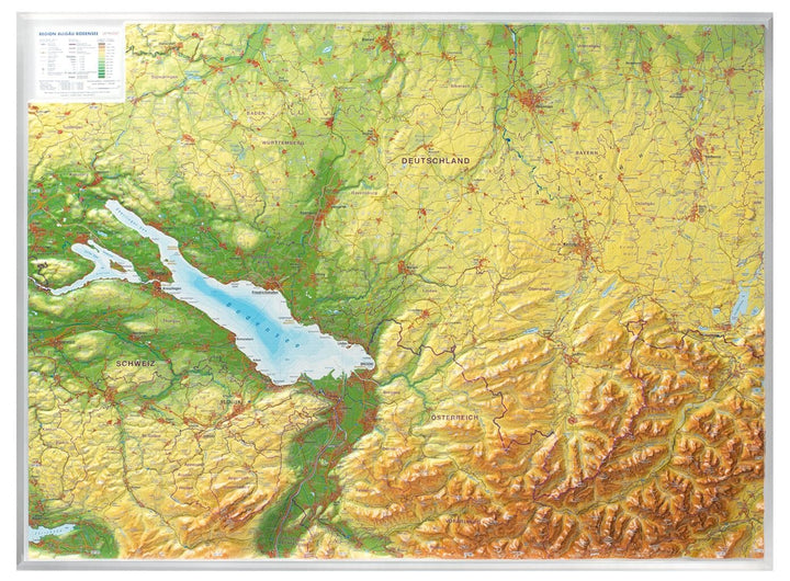 Carte murale en relief - Allgäu, Lake Constance - 77 x 57 cm | Georelief carte en relief Georelief Avec cadre aluminium