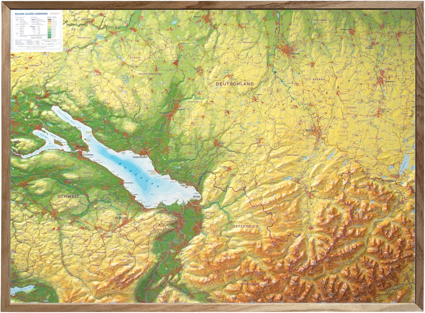 Carte murale en relief - Allgäu, Lake Constance - 77 x 57 cm | Georelief carte en relief Georelief Avec cadre en bois 