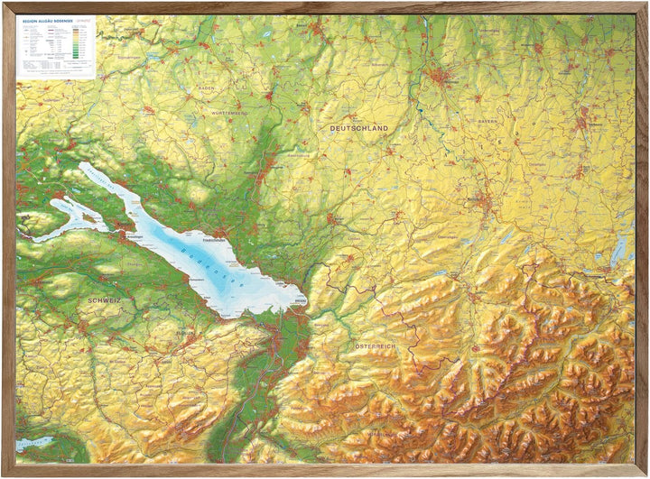 Carte murale en relief - Allgäu, Lake Constance - 77 x 57 cm | Georelief carte en relief Georelief Avec cadre en bois 