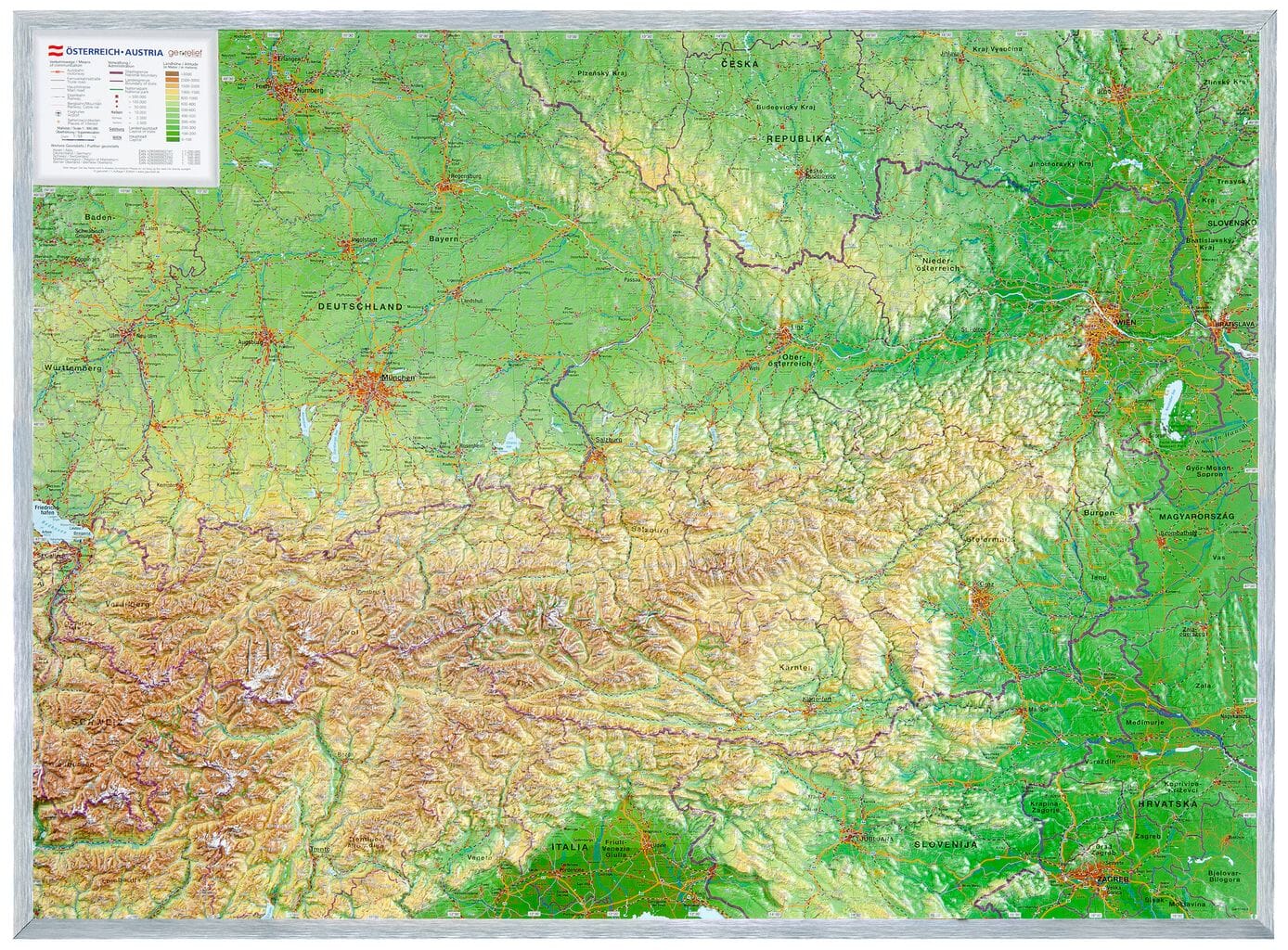Carte murale en relief - Autriche - 77 x 57 cm | Georelief carte en relief Georelief Avec cadre aluminium 