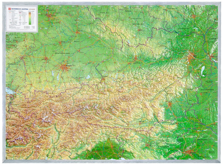 Carte murale en relief - Autriche - 77 x 57 cm | Georelief carte en relief Georelief Avec cadre aluminium 