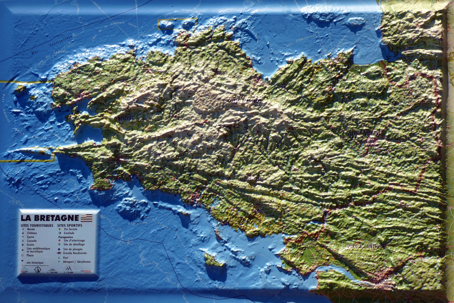 Carte murale en relief - Bretagne - 61 cm x 41 cm | 3D Map carte en relief 3D Map 