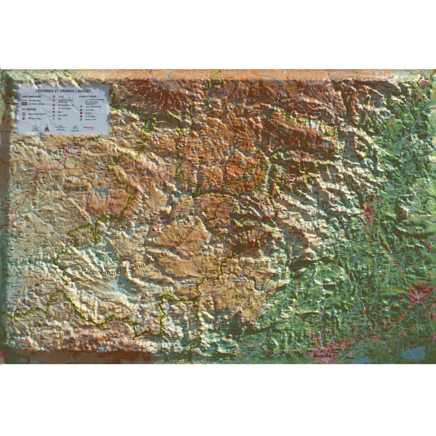 Carte murale en relief - Cévennes et Grands Causses - 61 cm x 41 cm | 3D Map carte en relief 3D Map