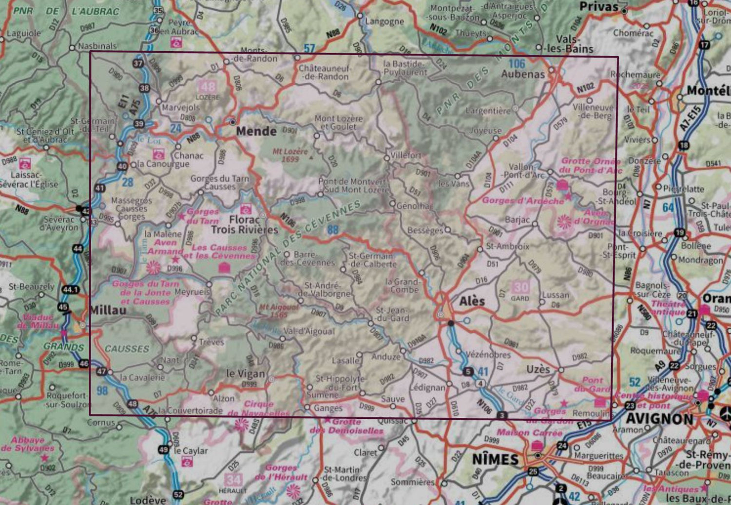 Carte murale en relief - Cévennes, Gorges du Tarn et de l'Ardèche - 80 x 113 cm | IGN carte en relief IGN 