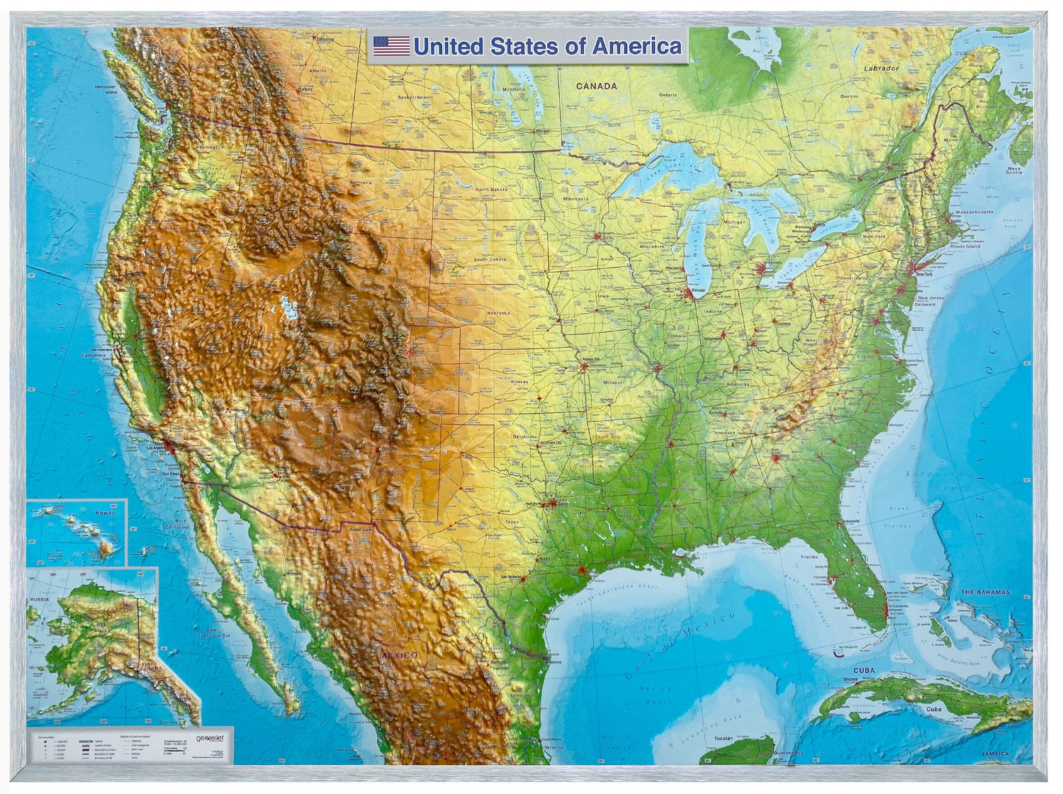 Carte murale en relief - États-Unis (en anglais) - 77 x 57 cm | Georelief carte en relief Georelief Avec cadre alu 